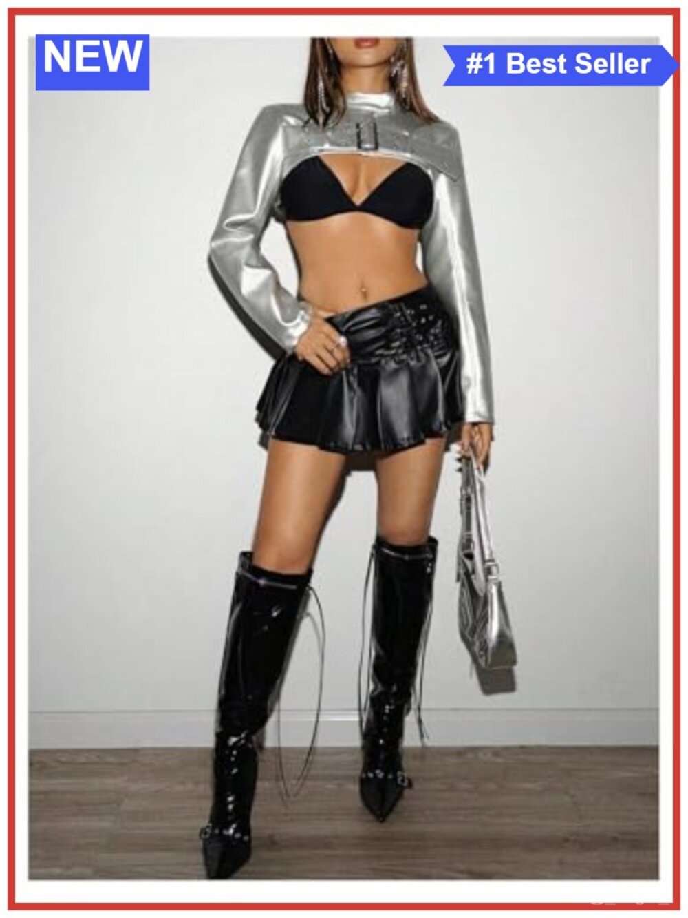 Metallic Faux Leather Cropped Rave Jacket Y2K Button Front - Picture 4 of 4
